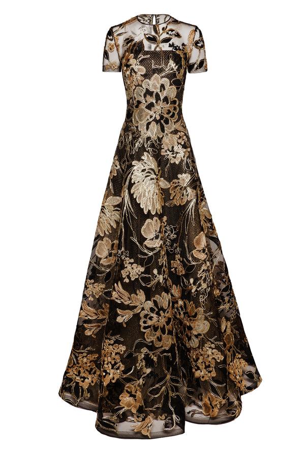 Naeem Khan METALLIC RAFFIA JEWEL NECK SHORT SLEEVE GOWN