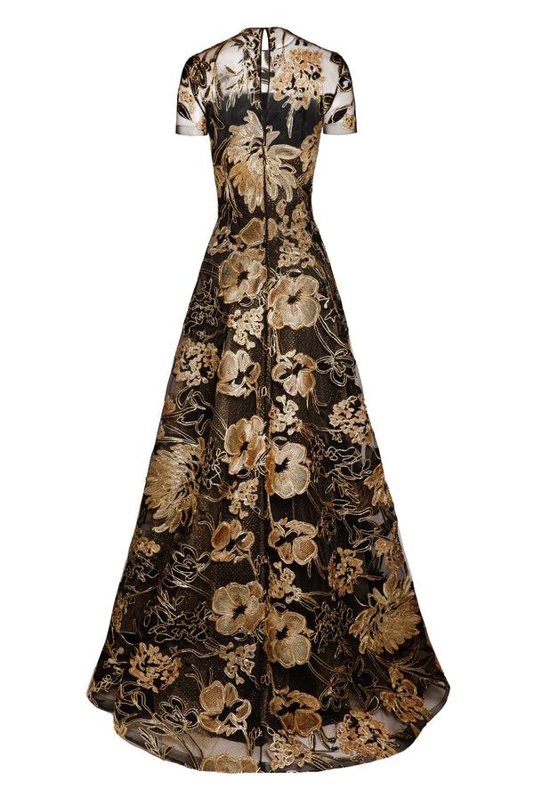Naeem Khan METALLIC RAFFIA JEWEL NECK SHORT SLEEVE GOWN