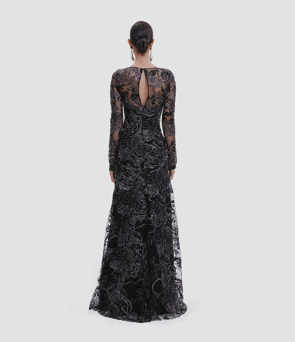 Naeem Khan METALLIC RAFFIA ROSES BOAT NECK FIT-AND-FLARE GOWN