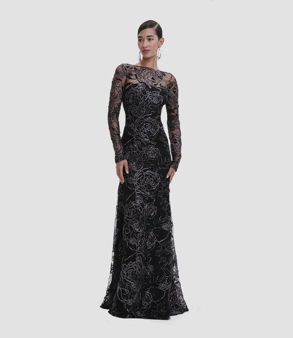 Naeem Khan METALLIC RAFFIA ROSES BOAT NECK FIT-AND-FLARE GOWN