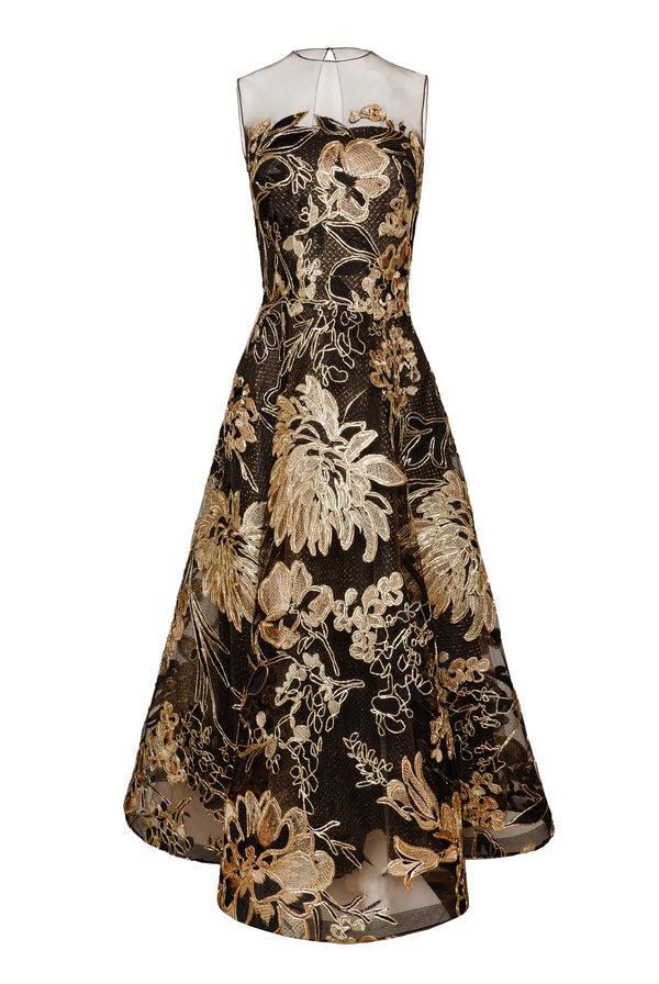 Naeem Khan METALLIC RAFFIA SLEEVELESS TEA-LENGTH DRESS