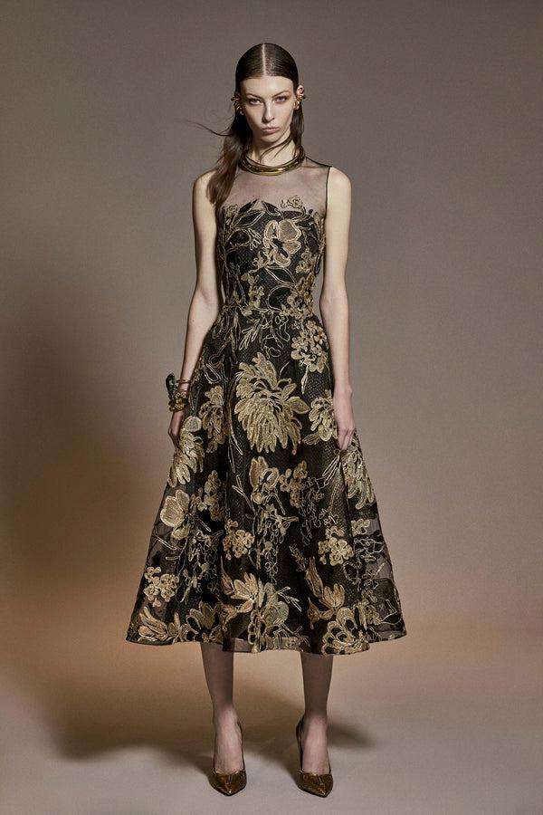 naeem khan METALLIC RAFFIA SLEEVELESS TEA-LENGTH DRESS