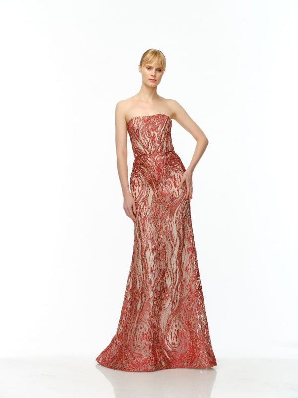 naeem khan METALLIC RAFFIA STRAPLESS FIT-AND-FLARE GOWN