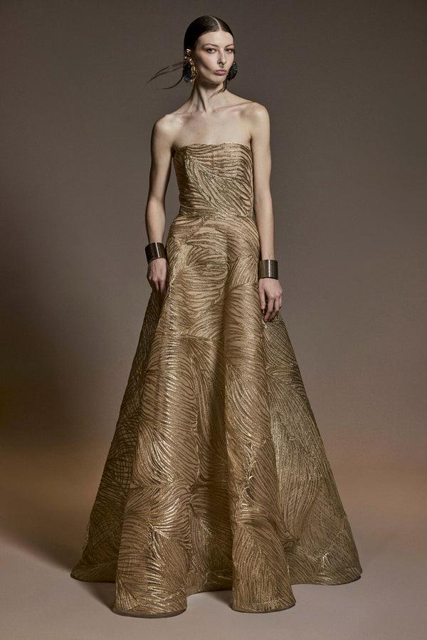 naeem khan METALLIC RAFFIA STRAPLESS FULL SKIRT GOWN