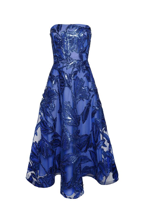 Naeem Khan METALLIC RAFFIA STRAPLESS TEA-LENGTH DRESS