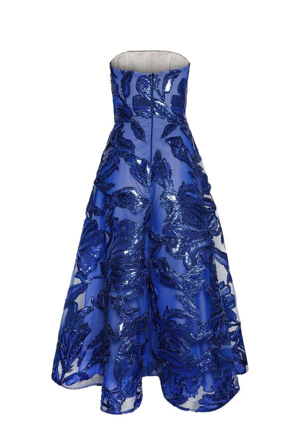 Naeem Khan METALLIC RAFFIA STRAPLESS TEA-LENGTH DRESS