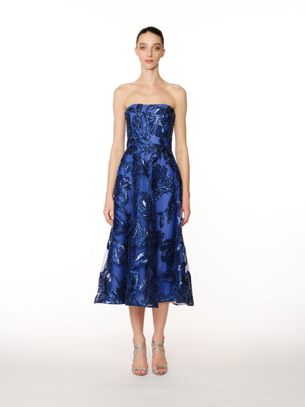 naeem khan METALLIC RAFFIA STRAPLESS TEA-LENGTH DRESS