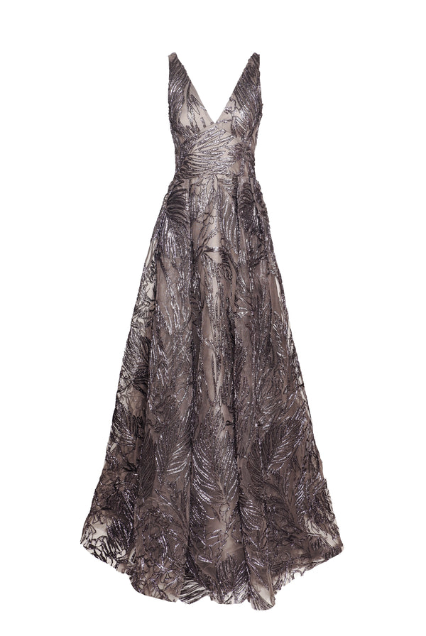 Naeem Khan METALLIC RAFFIA V-NECK EMPIRE WAIST GOWN WITH TROMPE L'OEIL SKIRT