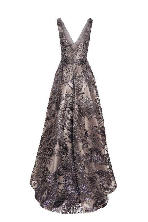 Naeem Khan METALLIC RAFFIA V-NECK EMPIRE WAIST GOWN WITH TROMPE L'OEIL SKIRT