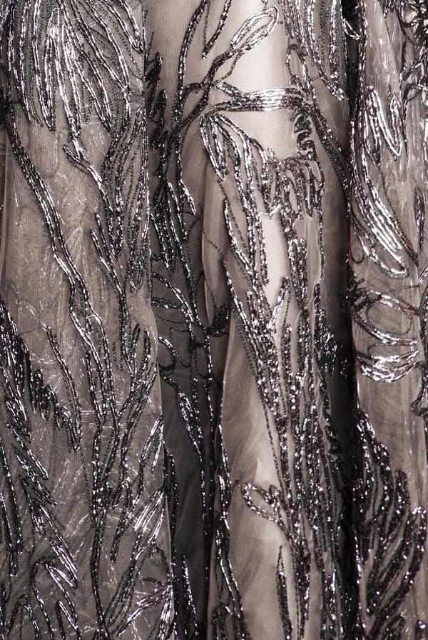 Naeem Khan METALLIC RAFFIA V-NECK EMPIRE WAIST GOWN WITH TROMPE L'OEIL SKIRT