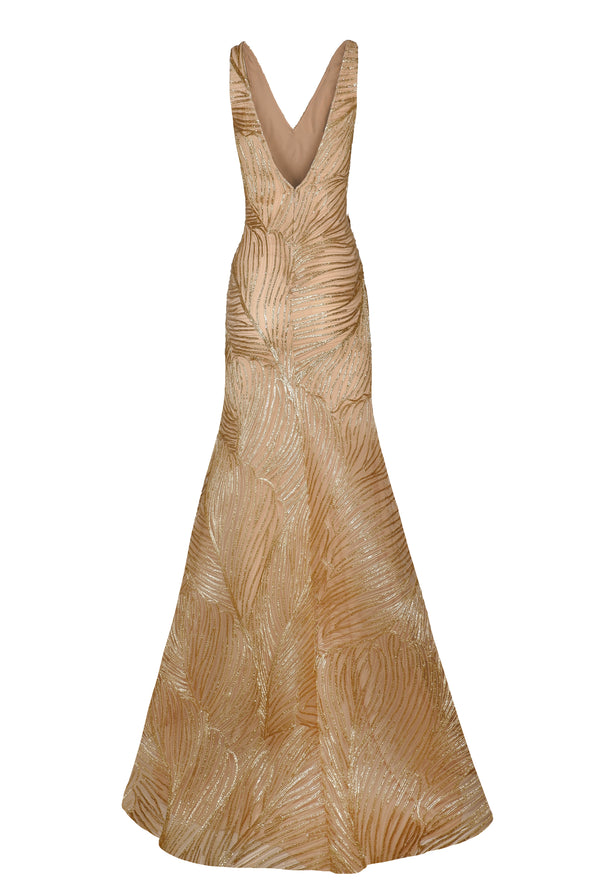 Naeem Khan METALLIC RAFFIA V-NECK FIT AND FLARE GOWN