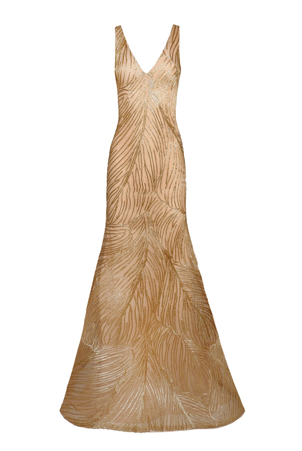 naeem khan METALLIC RAFFIA V-NECK FIT AND FLARE GOWN