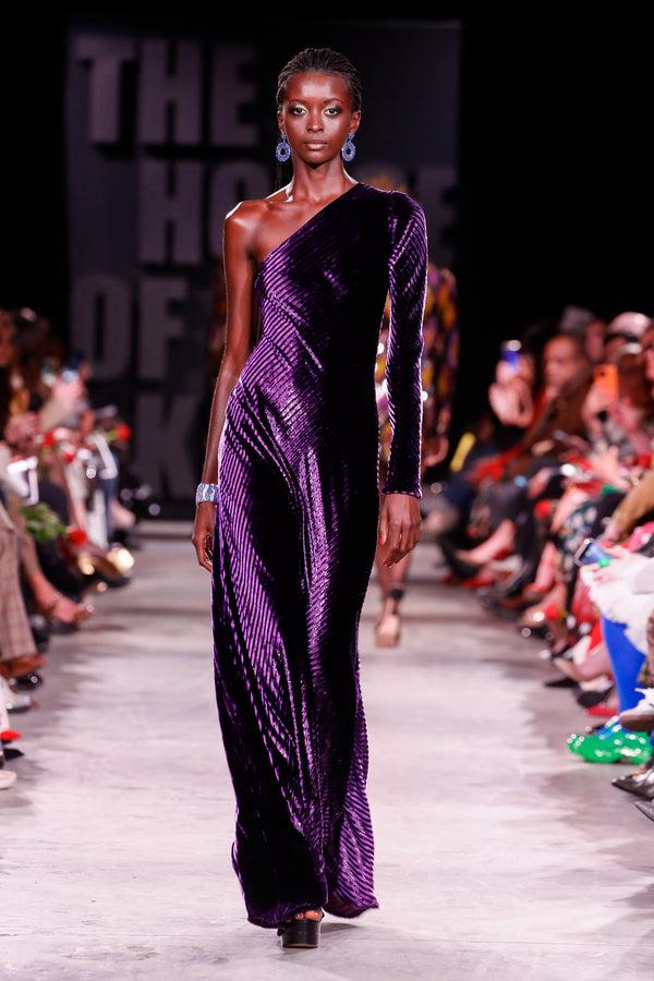 naeem khan Metallic Striped Velvet One Shoulder Gown