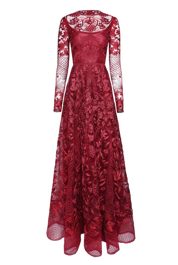 Naeem Khan METALLIC THREADWORK JEWEL NECK LONG SLEEVE GOWN