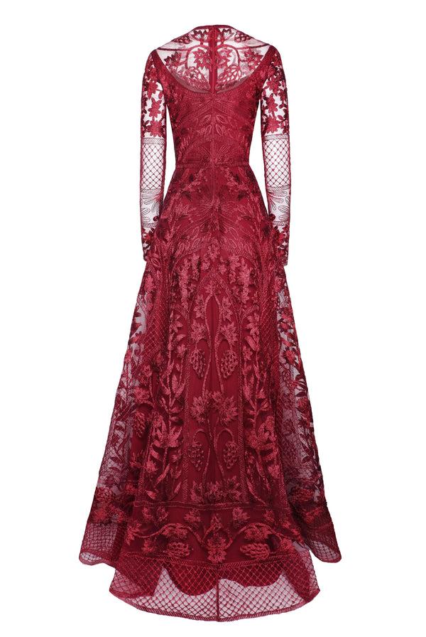 Naeem Khan METALLIC THREADWORK JEWEL NECK LONG SLEEVE GOWN