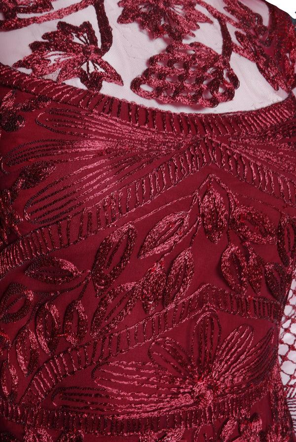 Naeem Khan METALLIC THREADWORK JEWEL NECK LONG SLEEVE GOWN