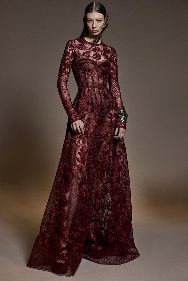 naeem khan METALLIC THREADWORK JEWEL NECK LONG SLEEVE GOWN