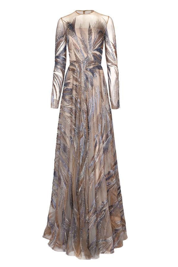 Naeem Khan ABSTRACT BEADED LONG SLEEVE GOWN