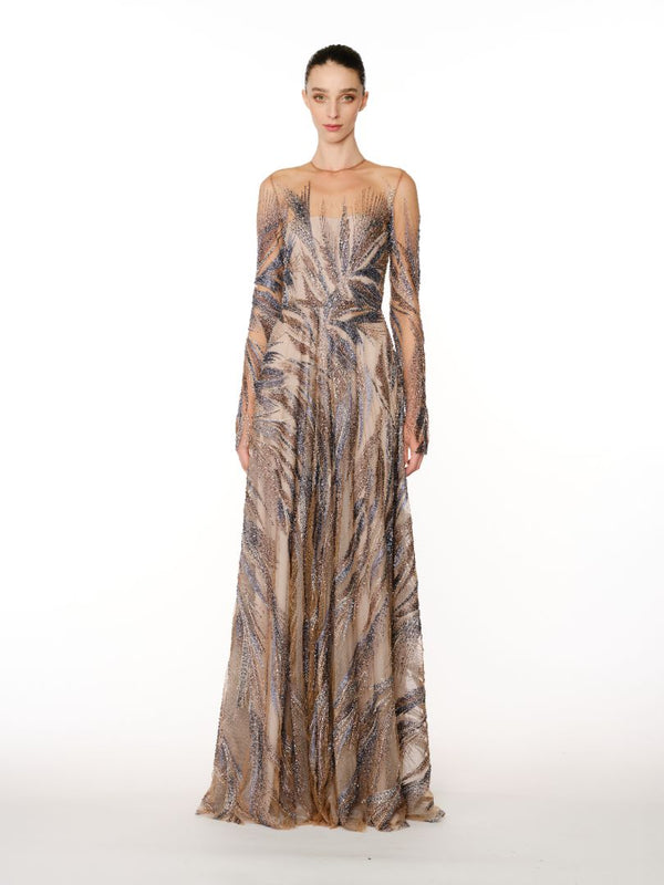 naeem khan ABSTRACT BEADED LONG SLEEVE GOWN