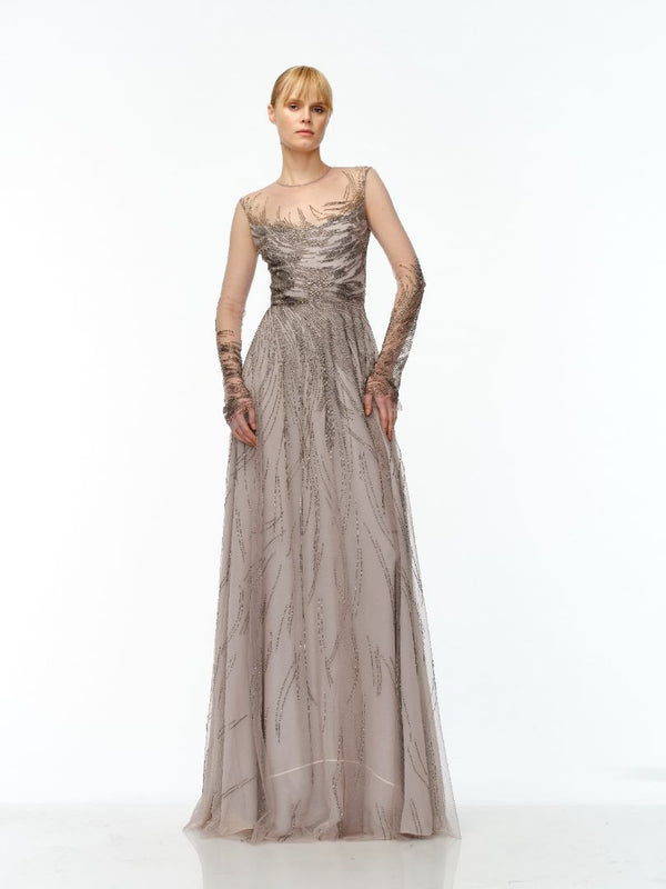 naeem khan ABSTRACT BEADED LONG SLEEVE GOWN