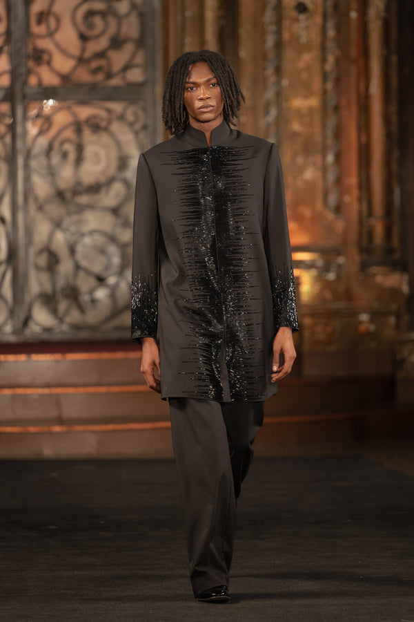naeem khan ABSTRACT BEADED MANDARIN COLLAR COAT