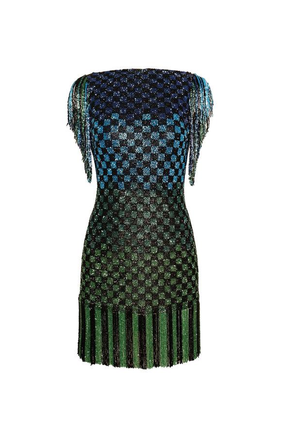 Naeem Khan BEADED BOATNECK DRESS WITH FRINGE