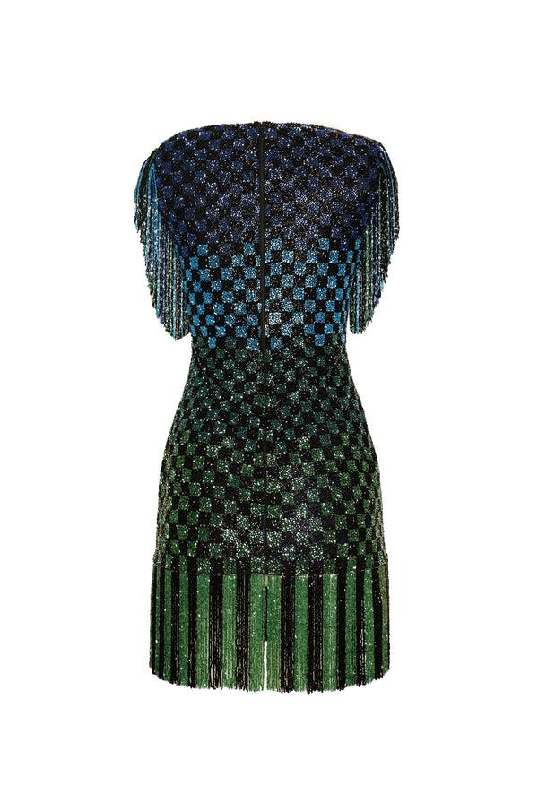 Naeem Khan BEADED BOATNECK DRESS WITH FRINGE