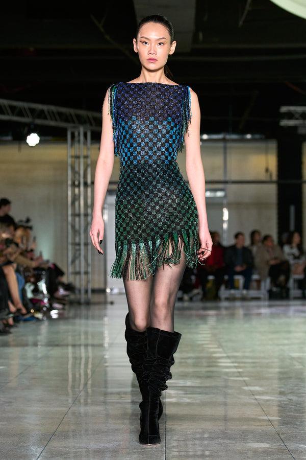 naeem khan BEADED BOATNECK DRESS WITH FRINGE