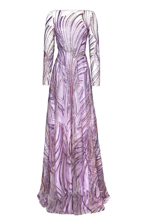 Naeem Khan BEADED BOATNECK LONG SLEEVE GOWN