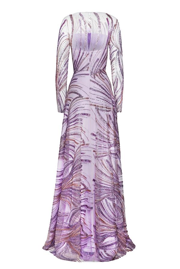Naeem Khan BEADED BOATNECK LONG SLEEVE GOWN