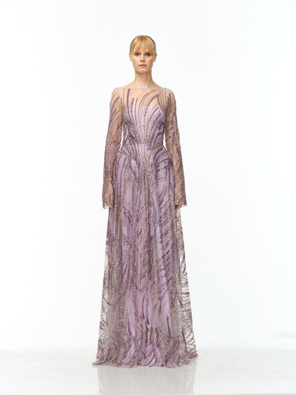naeem khan BEADED BOATNECK LONG SLEEVE GOWN