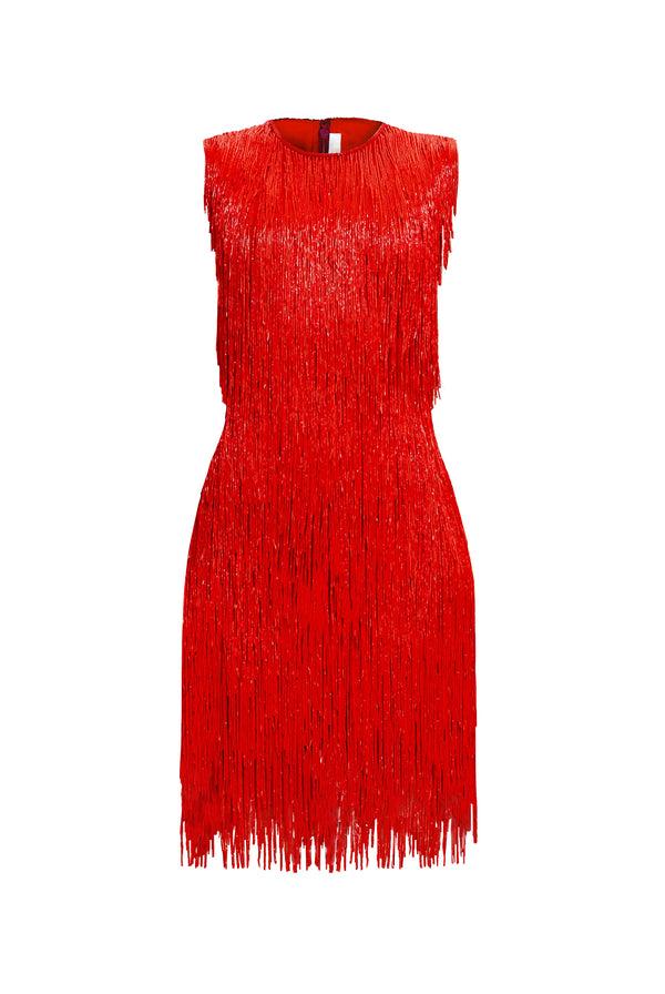 Naeem Khan BEADED FRINGE SLEEVELESS DRESS