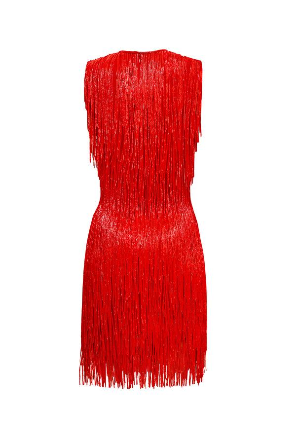 Naeem Khan BEADED FRINGE SLEEVELESS DRESS