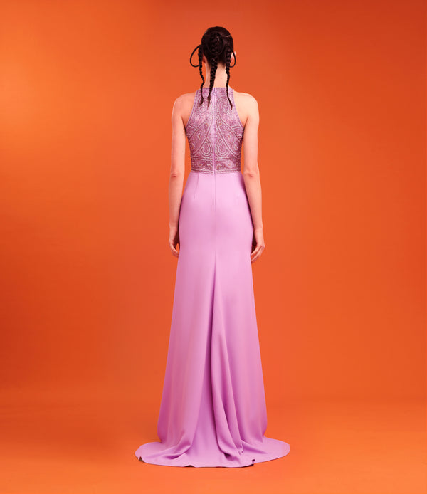 Naeem Khan BEADED HALTER GOWN WITH CREPE SKIRT