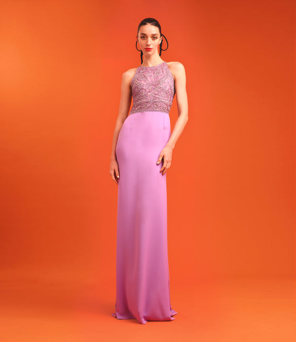 naeem khan BEADED HALTER GOWN WITH CREPE SKIRT