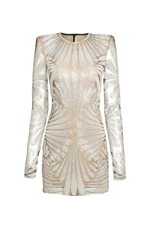 Naeem Khan BEADED JEWEL NECK LONG SLEEVE DRESS