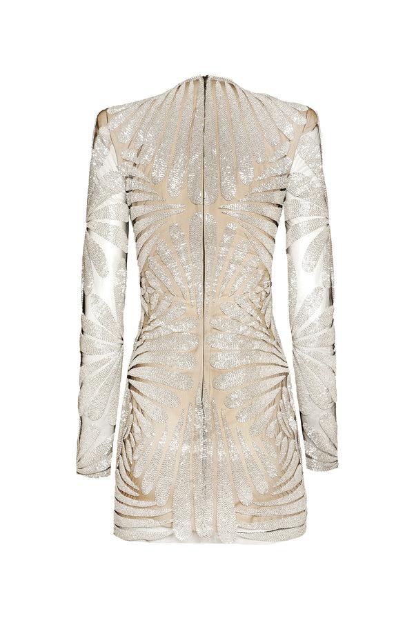 Naeem Khan BEADED JEWEL NECK LONG SLEEVE DRESS