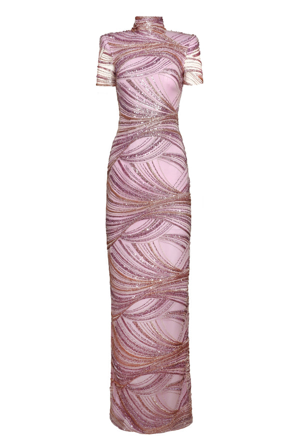 Naeem Khan BEADED MOCK NECK CAP SLEEVE COLUMN GOWN