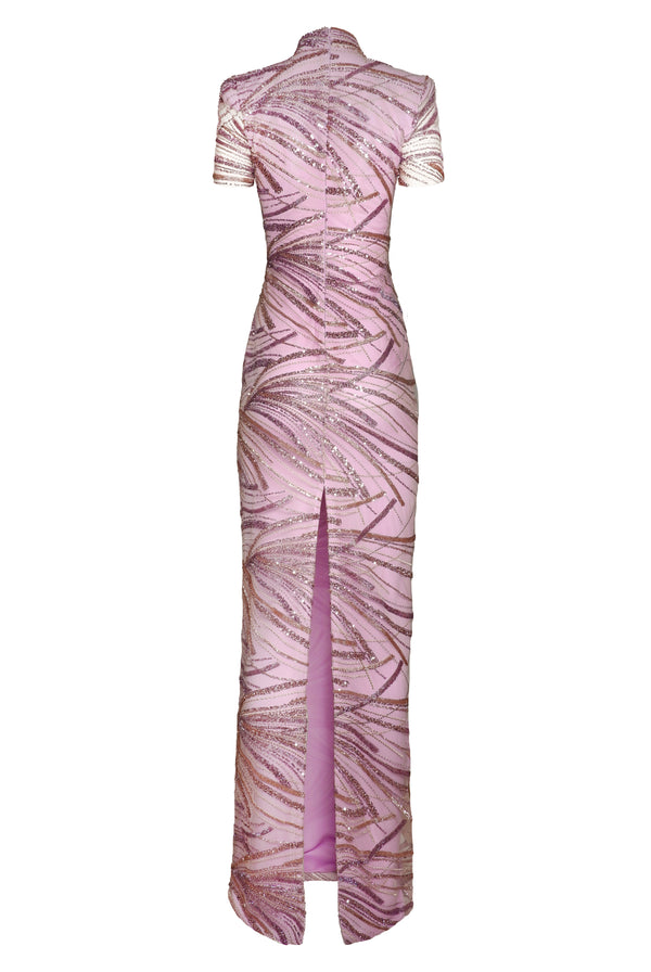 Naeem Khan BEADED MOCK NECK CAP SLEEVE COLUMN GOWN