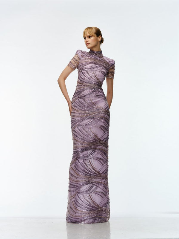 naeem khan BEADED MOCK NECK CAP SLEEVE COLUMN GOWN