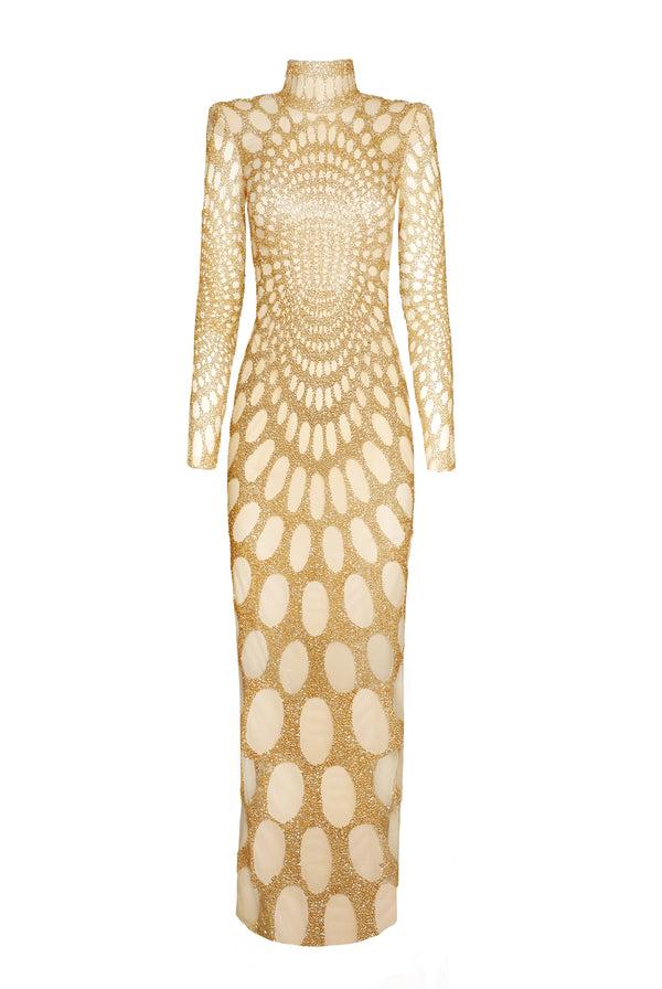 Naeem Khan BEADED MOCK NECK GOWN WITH LONG SLEEVES