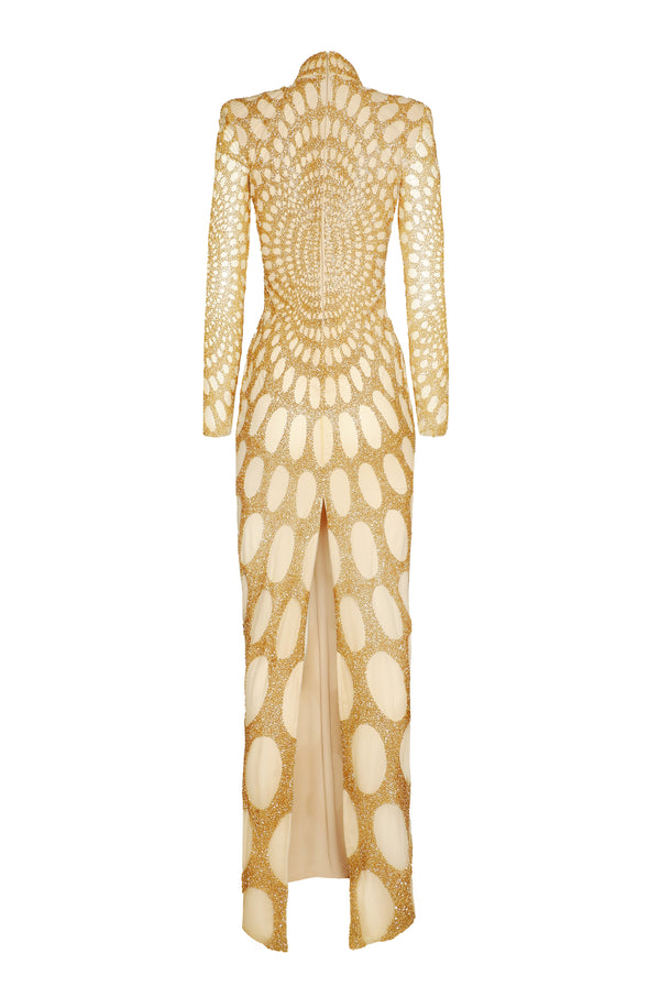 Naeem Khan BEADED MOCK NECK GOWN WITH LONG SLEEVES