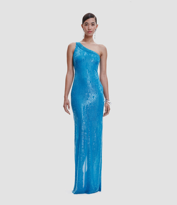 naeem khan BEADED ONE SHOULDER COLUMN GOWN