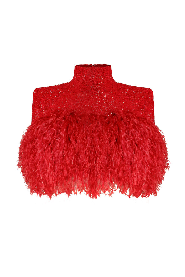 Naeem Khan BEADED TOP WITH FEATHERS