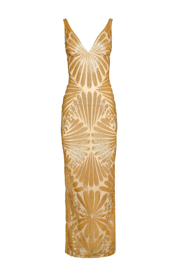 Naeem Khan BEADED V-NECK GOWN WITH COWL BACK