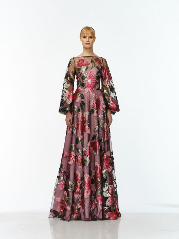naeem khan BOAT NECK BLOUSON SLEEVE GOWN