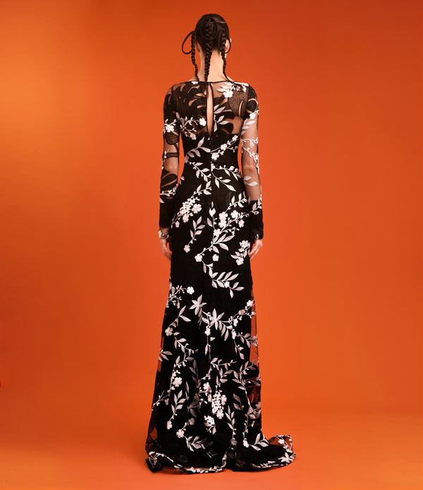 Naeem Khan BOAT NECK FLORAL GOWN