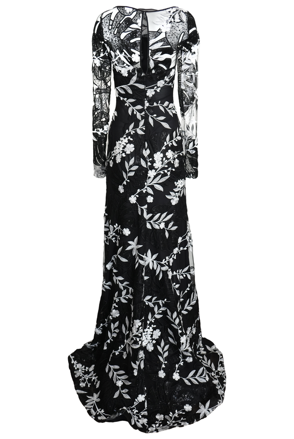 Naeem Khan BOAT NECK FLORAL GOWN