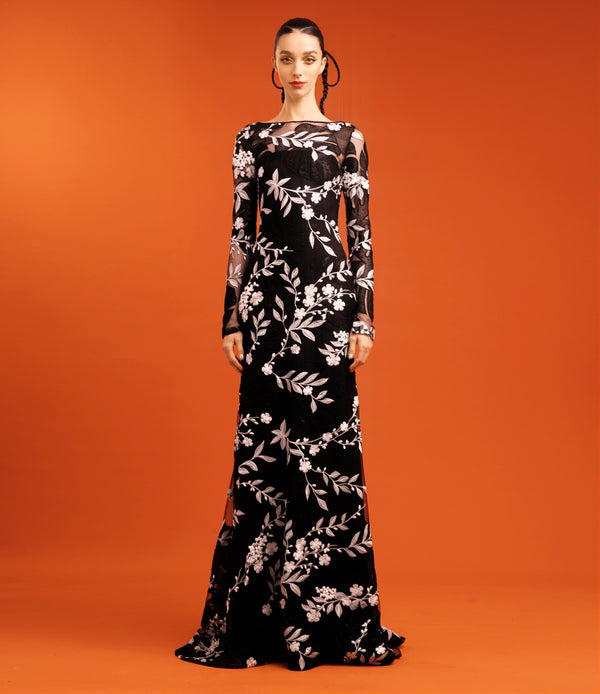 naeem khan BOAT NECK FLORAL GOWN