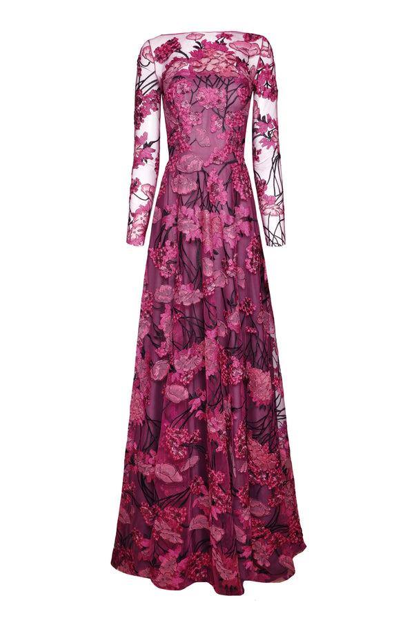 naeem khan BOATNECK LONG SLEEVE GOWN